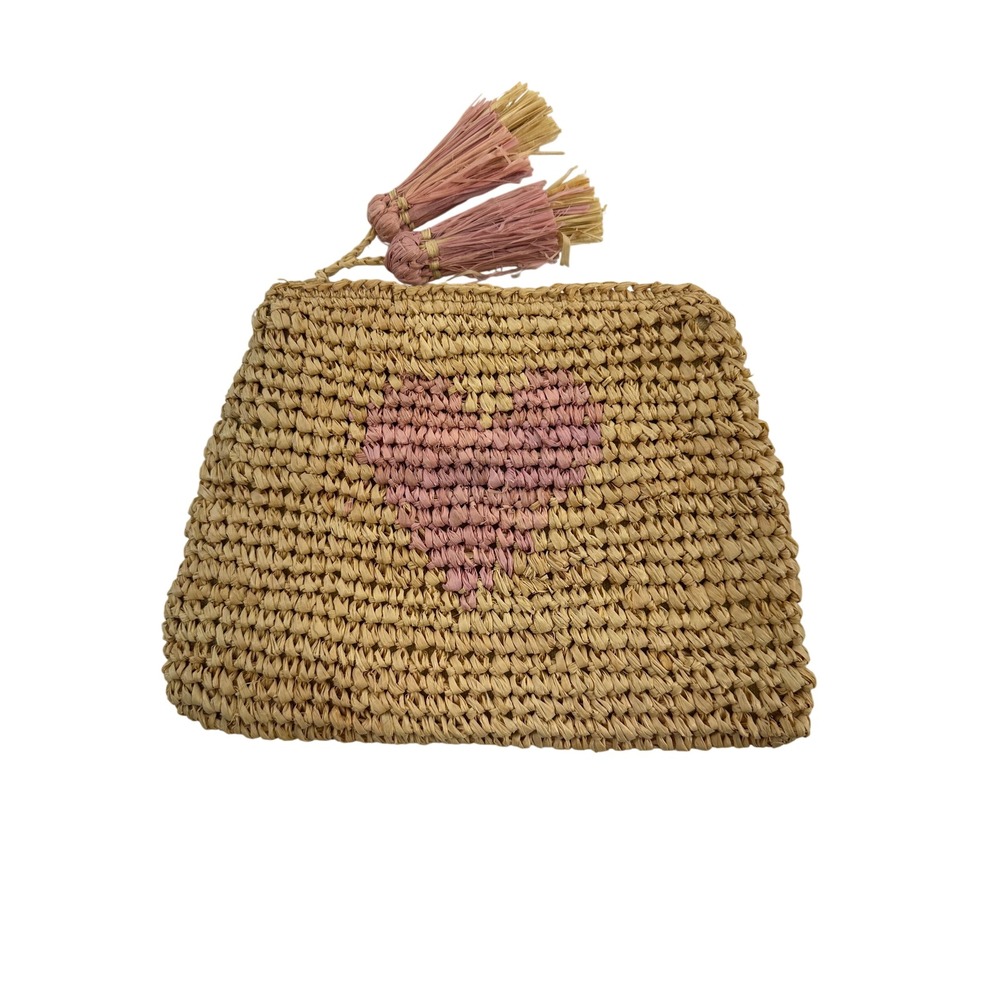 Aerin Small Heart Raffia Zip Pouch Natural Woven Tassel Clutch Luxury Travel
